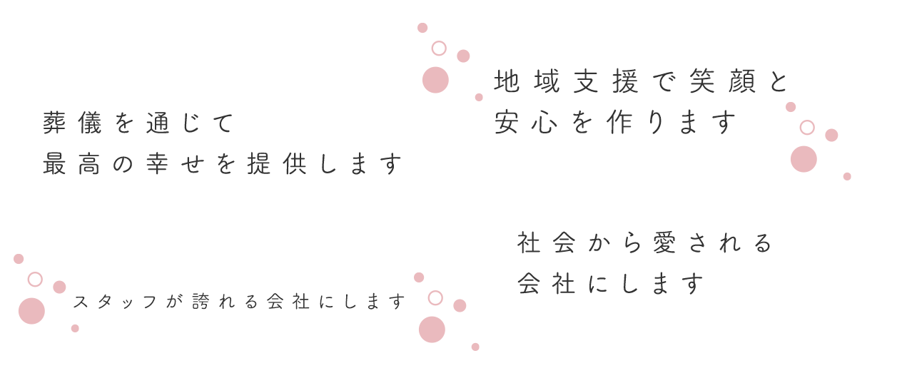 地域支援で笑顔と安心を作ります・葬儀を通じて最高の幸せを提供します・スタッフが誇れる会社にします・社会から愛される会社にします